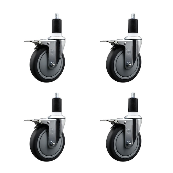 5'' Thermoplastic Rubber Swivel 1-1/2'' Expanding Stem Caster Set Total Lock Brake, 4PK